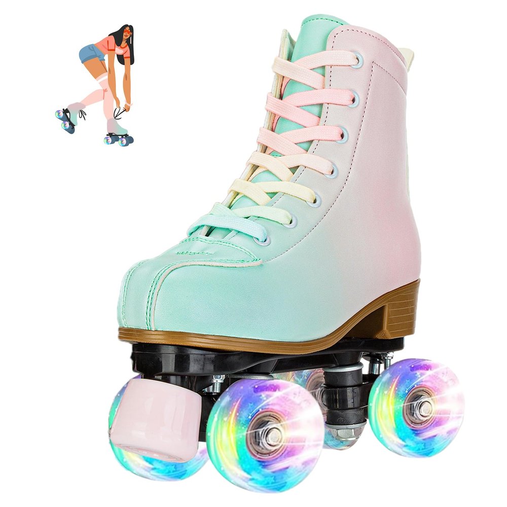 jessie Roller Skates for Girl and Women, PU Leather Fantastic Flash Wheel Kid Roller Skates Girls Ages 6-12 Beginner for Indoor Outdoor (Green Pink 34)