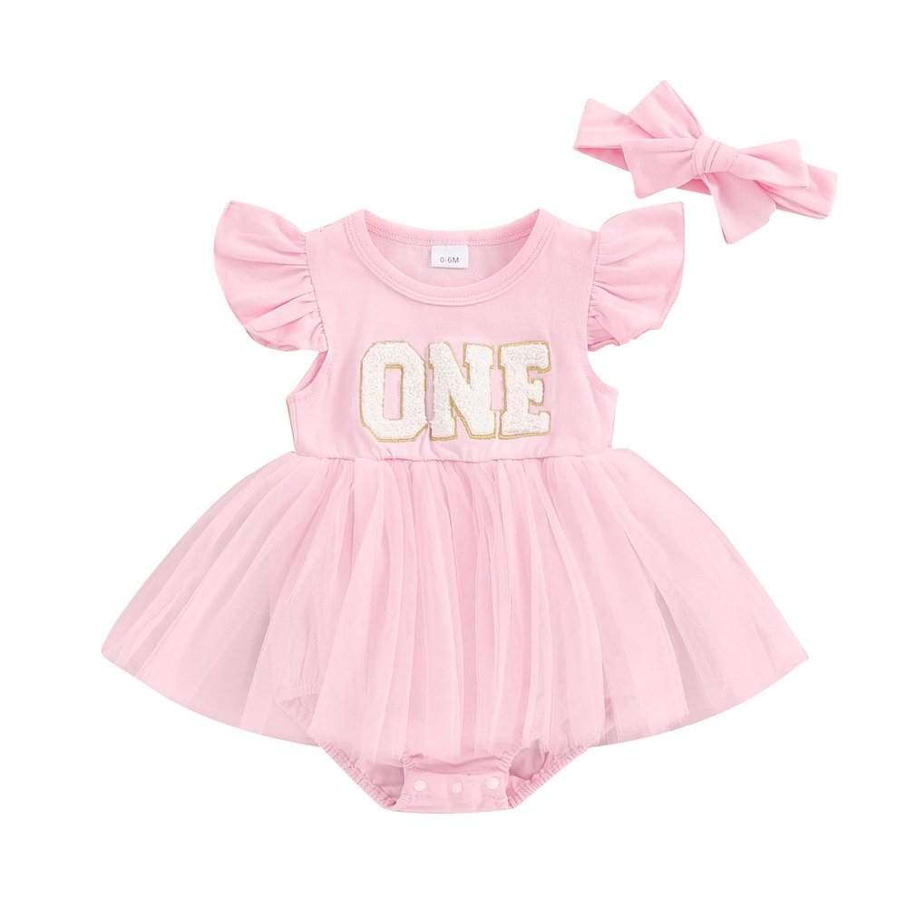 Baby Girls My 1st Birthday Outfits One Romper Two/Three Tutu Skirt Ruffle Embroidery Letter Summer Clothes(12-18 Months, Pink-One)