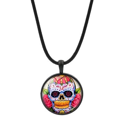 Mexico Necklace For Men Women Jewelry, Vintage Hippie Skeleton PU Leather Bracelet, Mexican Sugar Skull Folk Art Pattern Glass Cabochon Adjustable Rope Pendant Necklaces, Mexico Gold Chain