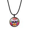 Mexico Necklace For Men Women Jewelry, Vintage Hippie Skeleton PU Leather Bracelet, Mexican Sugar Skull Folk Art Pattern Glass Cabochon Adjustable Rope Pendant Necklaces, Mexico Gold Chain view 1
