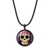 Mexico Necklace For Men Women Jewelry, Vintage Hippie Skeleton PU Leather Bracelet, Mexican Sugar Skull Folk Art Pattern Glass Cabochon Adjustable Rope Pendant Necklaces, Mexico Gold Chain view 3