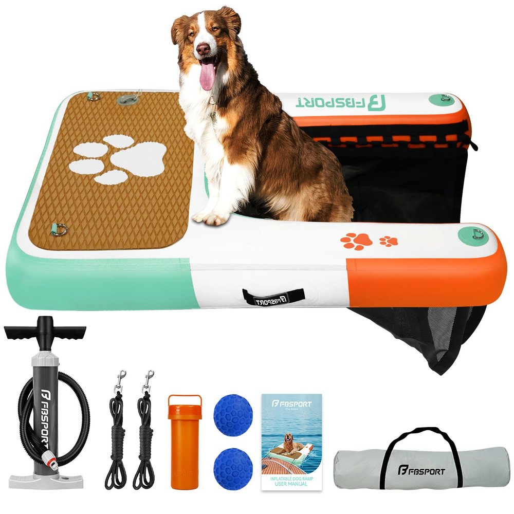 FBSPORT Inflatable Dog Boat Ramp Floating Dock Water Ladder for Pool, Boat, Non-Slip EVA Floating Ladder Pool Ramp for Dog Up to 220 LBs, Safe & Easy Access