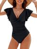 Blooming Jelly Womens Tummy Control Swimsuit Flattering One Piece Bathing Suits V Neck Ruffle Cute Swimwear Black view 1