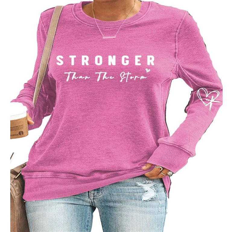 MOGUI Stronger Than The Storm Hoodie Women Stronger Than The Storm Womens Shirt Crewneck Sweatshirt Positive Letter Print Top, 3X-Large, Sakura