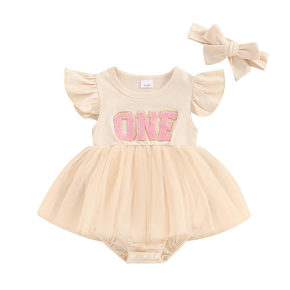 Baby Girls My 1st Birthday Outfits One Romper Two/Three Tutu Skirt Ruffle Embroidery Letter Summer Clothes(12-18 Months, Apricot-One)