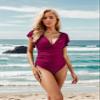 Blooming Jelly Womens Tummy Control Swimsuit One Piece Slimming Bathing Suits V Neck Ruffle Modest Swimwear Wine Red view 4