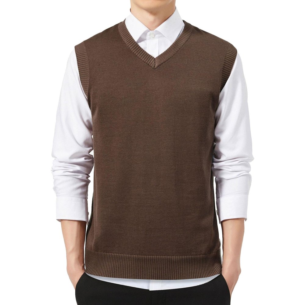 Maiyifu-GJ Men's Spring Fall V-Neck Sweater Vest Sleeveless Basic Designed Pullover Sweater Slim Lightweight Knit Vest (Brown,XX-Large)