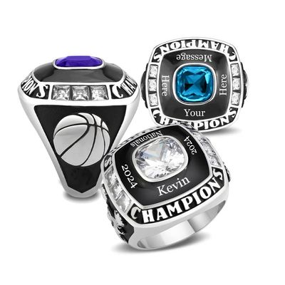 Stainless Steel Championship Ring Custom Text and Color - Basketball (6, Silver)