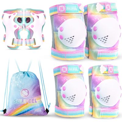 SULIFEEL Rainbow Unicorn Knee Pads for Kids Knee Elbow Pads Wrist Guards with Drawstring Bag Adjustable Protective Gear Set for Girls Roller Skating Bike Cycling Skateboard Scooter Dazzling Medium