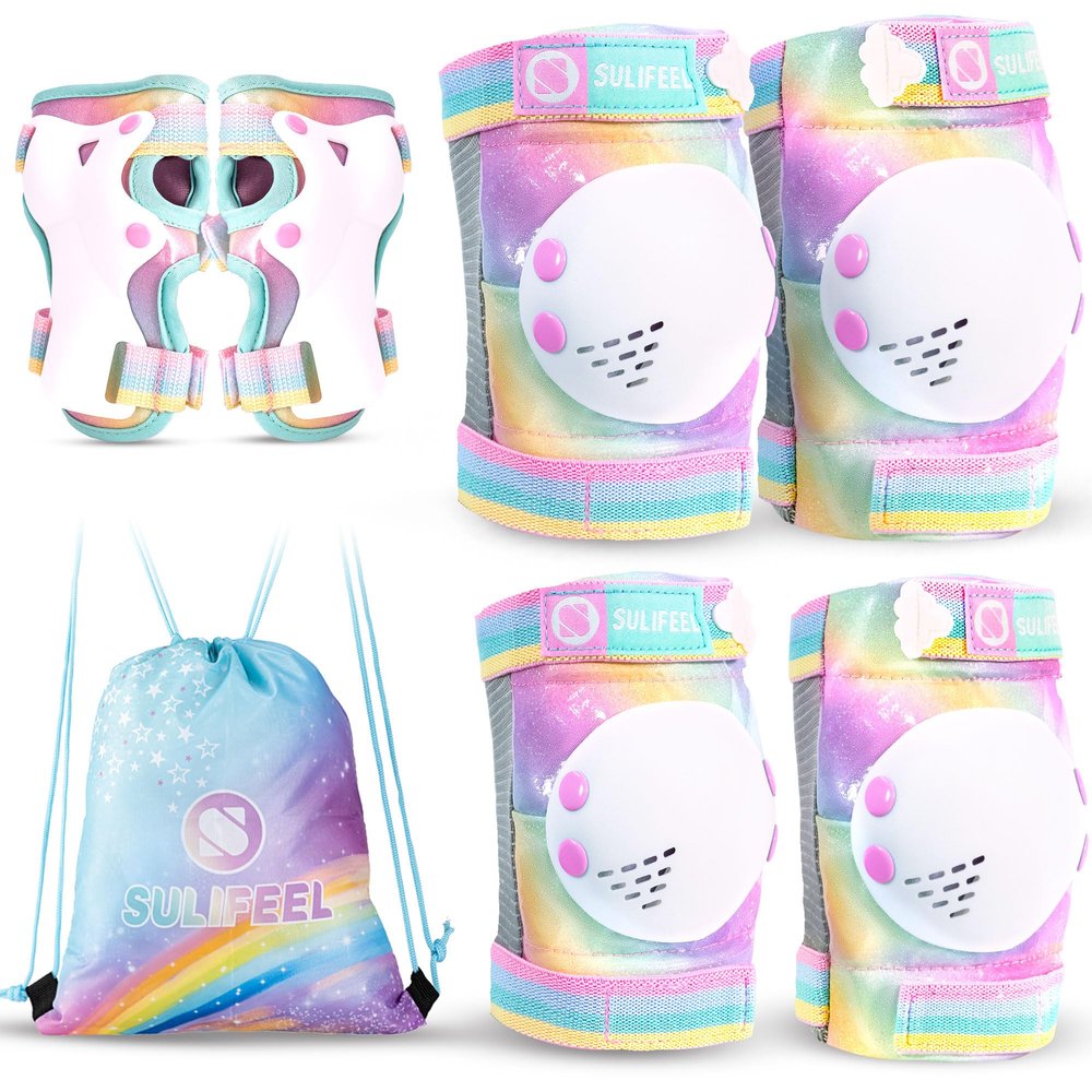 SULIFEEL Rainbow Unicorn Knee Pads for Kids Knee Elbow Pads Wrist Guards with Drawstring Bag Adjustable Protective Gear Set for Girls Roller Skating Bike Cycling Skateboard Scooter Dazzling Medium