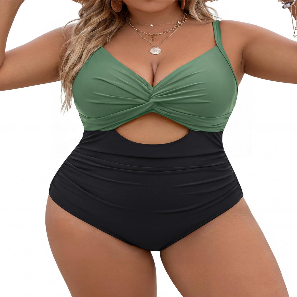 Blooming Jelly Womens Plus Size Bathing Suit V Neck One Piece Swimsuits Cutout Front Full Coverage Swimwear (X-Large,Green and Black)
