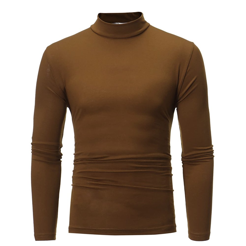 Men's Fashion Mock Turtleneck T-Shirts Casual Summer Long Sleeve Cotton Basic Designed Undershirts Slim Fit Pullover Tops Coffee