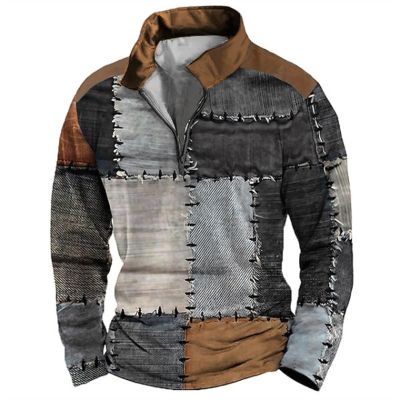 ZYXTIM Men's Hippie Funny T Shirts Distressed Novelty Printed Long Sleeve Sweatshirts Oversize Patchwork Casual Pullover Tops(Grey,Medium)
