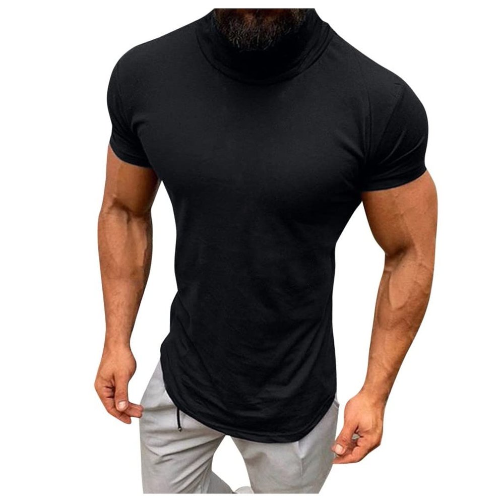 GOKKILRW Mens Fashion Mock Turtleneck T-Shirts Casual Summer Short Sleeve Slim Fit Undershirt Pullover Thermal Solid Tops Black