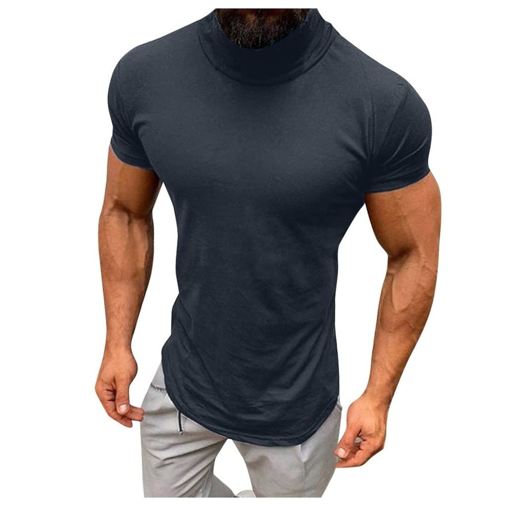 GOKKILRW Mens Fashion Mock Turtleneck T-Shirts Casual Summer Short Sleeve Slim Fit Undershirt Pullover Thermal Solid Tops Grey