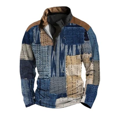 ZYXTIM Men's Hippie Funny T Shirts Distressed Novelty Printed Long Sleeve Sweatshirts Oversize Patchwork Casual Pullover Tops(Blue02,X-Large)