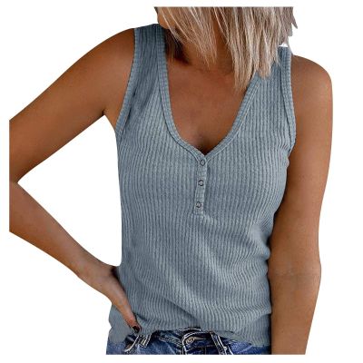 Summer Tank Tops for Women 2024 Trendy Casual Waffle Knit V-Neck Henley Shirts Cute Sleeveless Loose Button Up Tee Shirts Blue