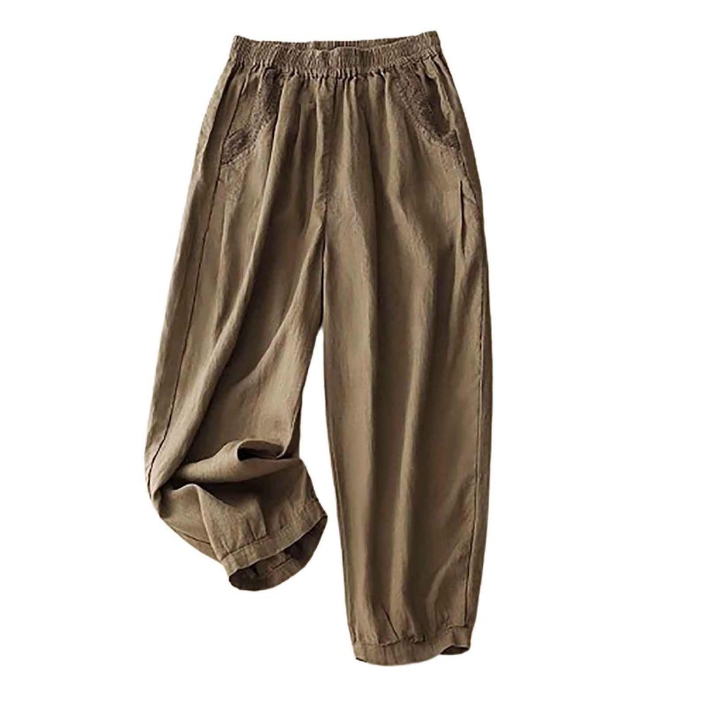 Women's Cotton Linen Casual Capris Pants Elastic Waisted Harem Pants Baggy Comfy Sweatpants Tapered Ankle Trousers