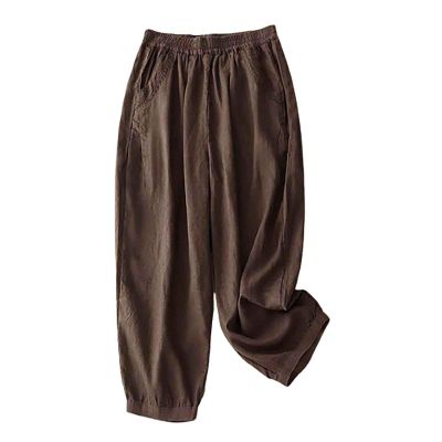 Women's Cotton Linen Casual Capris Pants Elastic Waisted Harem Pants Baggy Comfy Sweatpants Tapered Ankle Trousers
