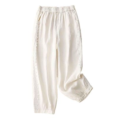 Women's Cotton Linen Casual Capris Pants Elastic Waisted Harem Pants Baggy Comfy Sweatpants Tapered Ankle Trousers