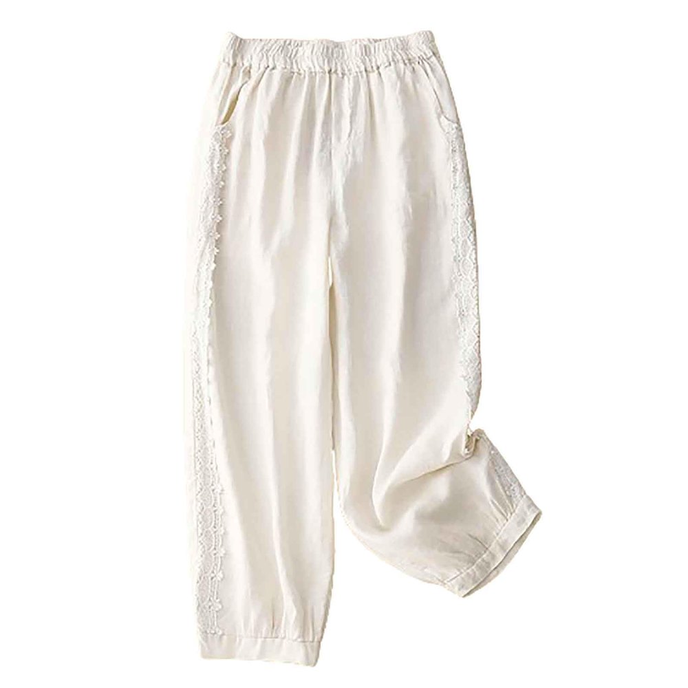 Women's Cotton Linen Casual Capris Pants Elastic Waisted Harem Pants Baggy Comfy Sweatpants Tapered Ankle Trousers