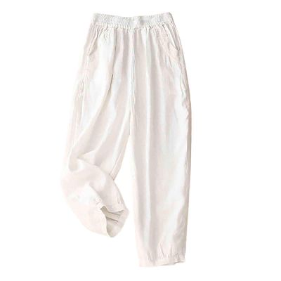 Women's Cotton Linen Casual Capris Pants Elastic Waisted Harem Pants Baggy Comfy Sweatpants Tapered Ankle Trousers