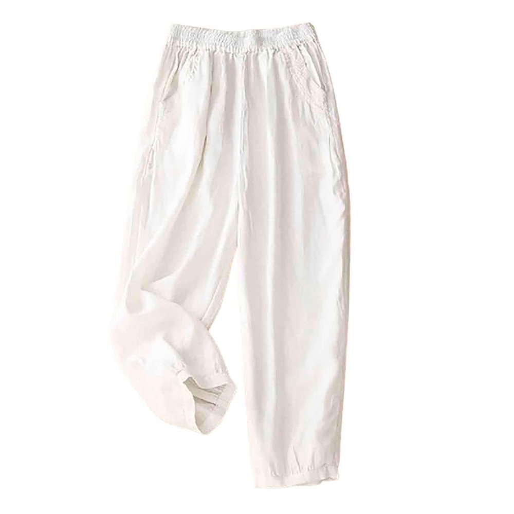 Women's Cotton Linen Casual Capris Pants Elastic Waisted Harem Pants Baggy Comfy Sweatpants Tapered Ankle Trousers
