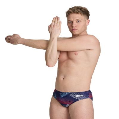 ARENA Men's Swim Brief Halftone Team Print MaxLife Athletic Swimwear Professional Training Swimsuit Sports Bathing Suit, Team Red White Blue, US Size 22