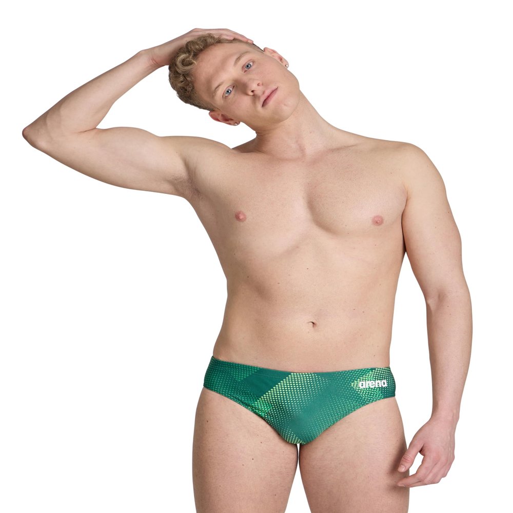 ARENA Mens Swim Brief Halftone Team Print MaxLife Athletic Swimwear Professional Training Swimsuit Sports Bathing Suit, Team Green, US Size 38