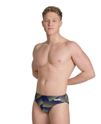 ARENA Mens Swim Brief Halftone Team Print MaxLife Athletic Swimwear Professional Training Swimsuit Sports Bathing Suit, Team Navy Yellow, US Size 36