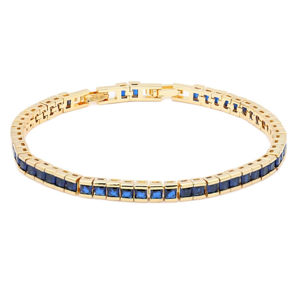 Lavencious AAA Cubic Zirconia Princess Cut 4MM Tennis Bracelet 7" Length + 1" Extension for Women Bridal Party Jewelry (Gold Blue)