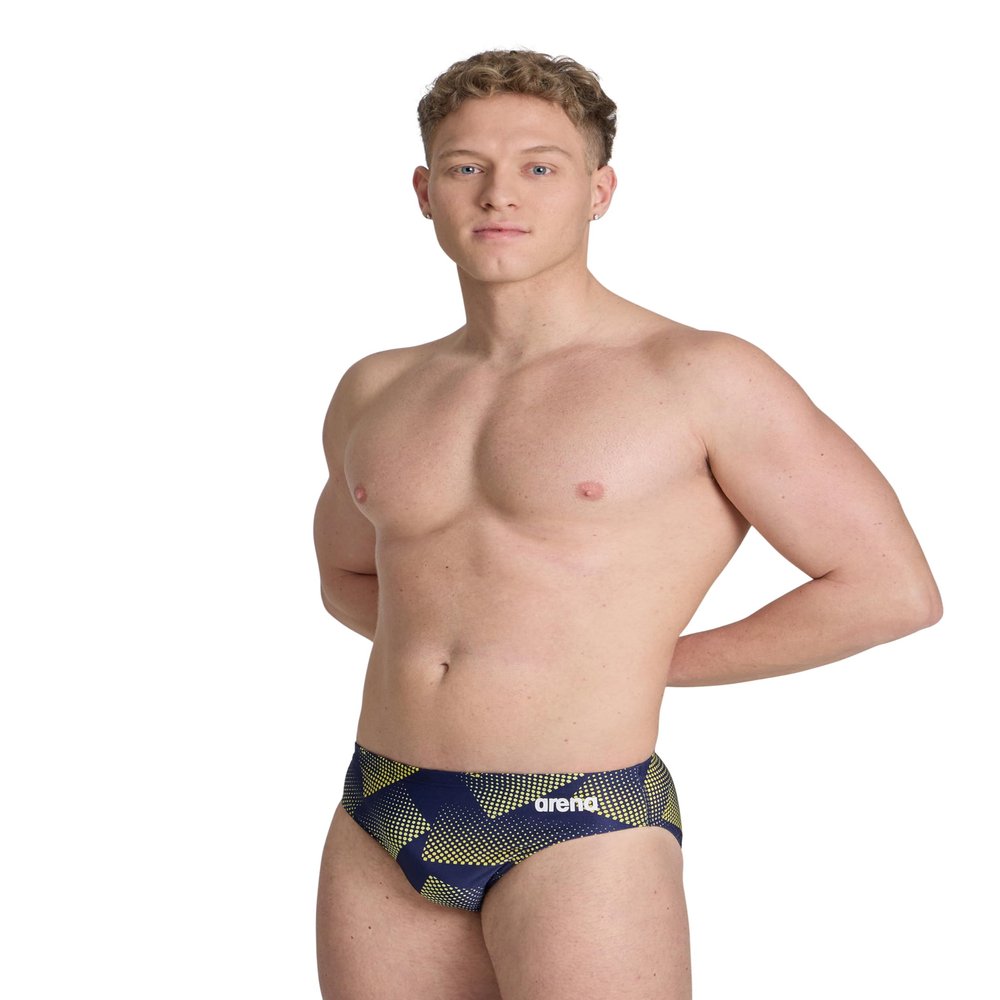 ARENA Mens Swim Brief Halftone Team Print MaxLife Athletic Swimwear Professional Training Swimsuit Sports Bathing Suit, Team Navy Yellow, US Size 30