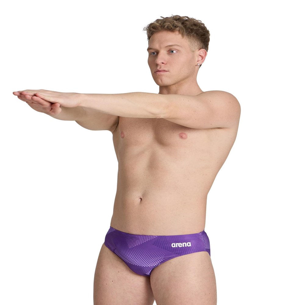 ARENA Men's Swim Brief Halftone Team Print MaxLife Athletic Swimwear Professional Training Swimsuit Sports Bathing Suit, Team Purple, US Size 22