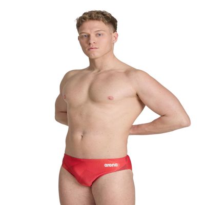 ARENA Mens Swim Brief Halftone Team Print MaxLife Athletic Swimwear Professional Training Swimsuit Sports Bathing Suit, Team Red, US Size 30