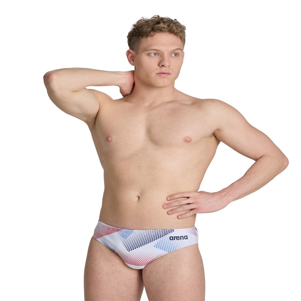 ARENA Men's Swim Brief Halftone Team Print MaxLife Athletic Swimwear Professional Training Swimsuit Sports Bathing Suit, White/Multi Navy, US Size 22