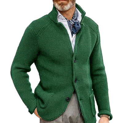 Men's Stand Collar Button Down Cardigan Casual Slim Fit Cardigan Jacket Thermal Waffle Knit Sweaters (Green,Large)