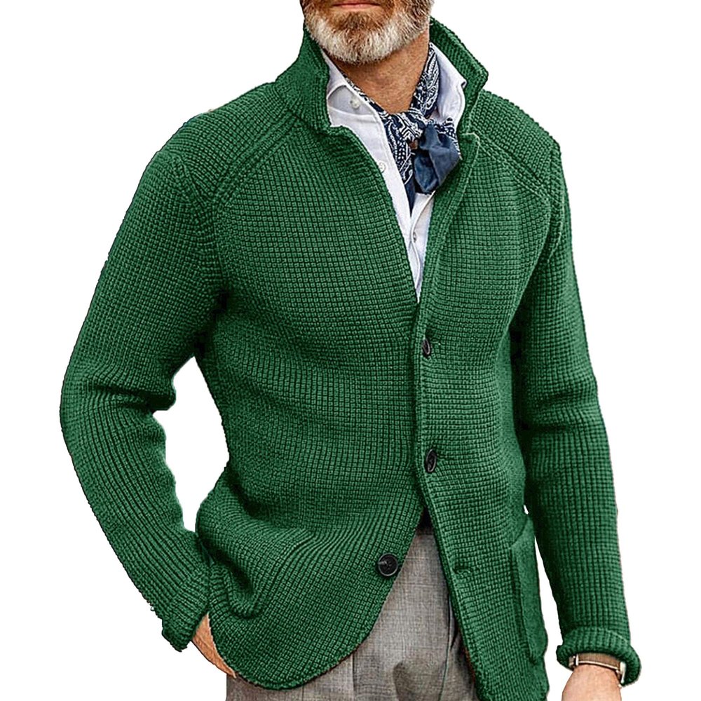 Men's Stand Collar Button Down Cardigan Casual Slim Fit Cardigan Jacket Thermal Waffle Knit Sweaters (Green,Large)
