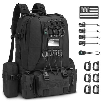 CVLIFE 60L Tactical Backpack for Men Women Military Large Army Rucksack With D-Ring Molle Clips Compass Accessories 3 Day Bug Out Survival Molle Bag Hiking Camping Gym Daypack Backpacks,Black