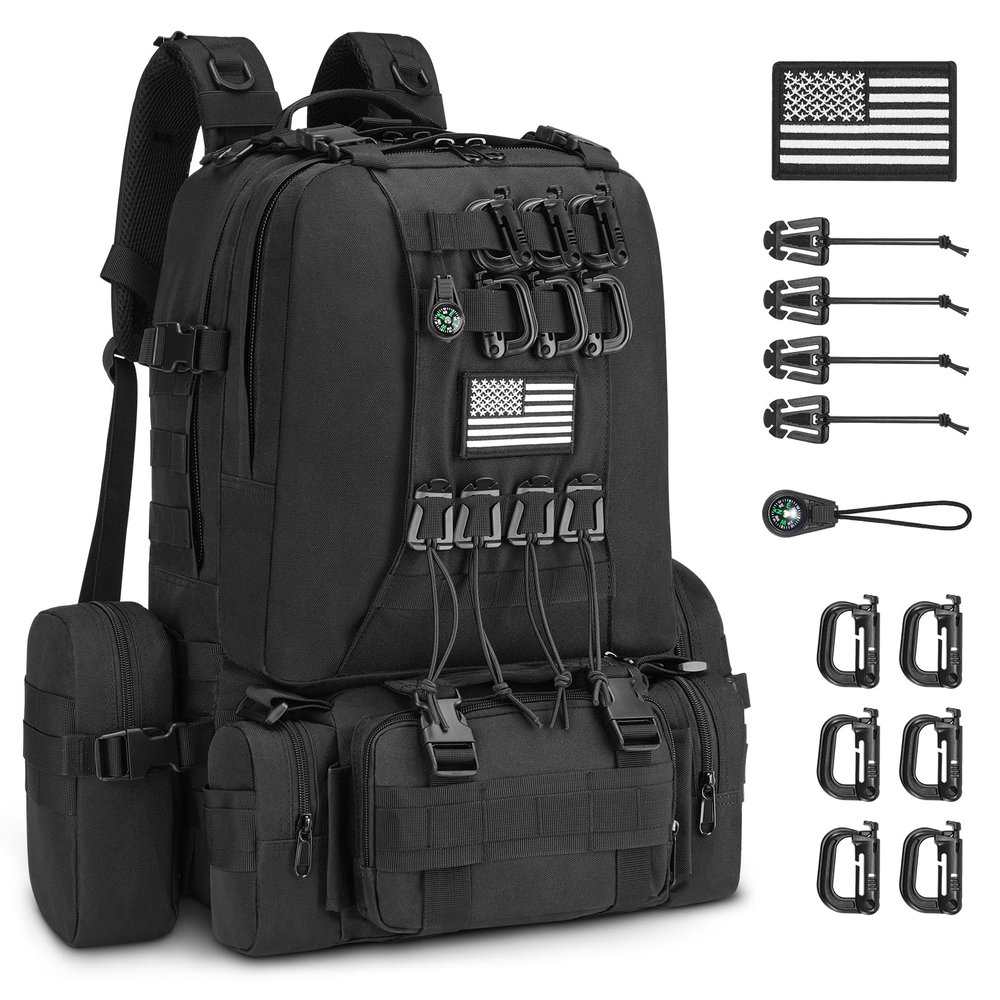 CVLIFE 60L Tactical Backpack for Men Women Military Large Army Rucksack With D-Ring Molle Clips Compass Accessories 3 Day Bug Out Survival Molle Bag Hiking Camping Gym Daypack Backpacks,Black