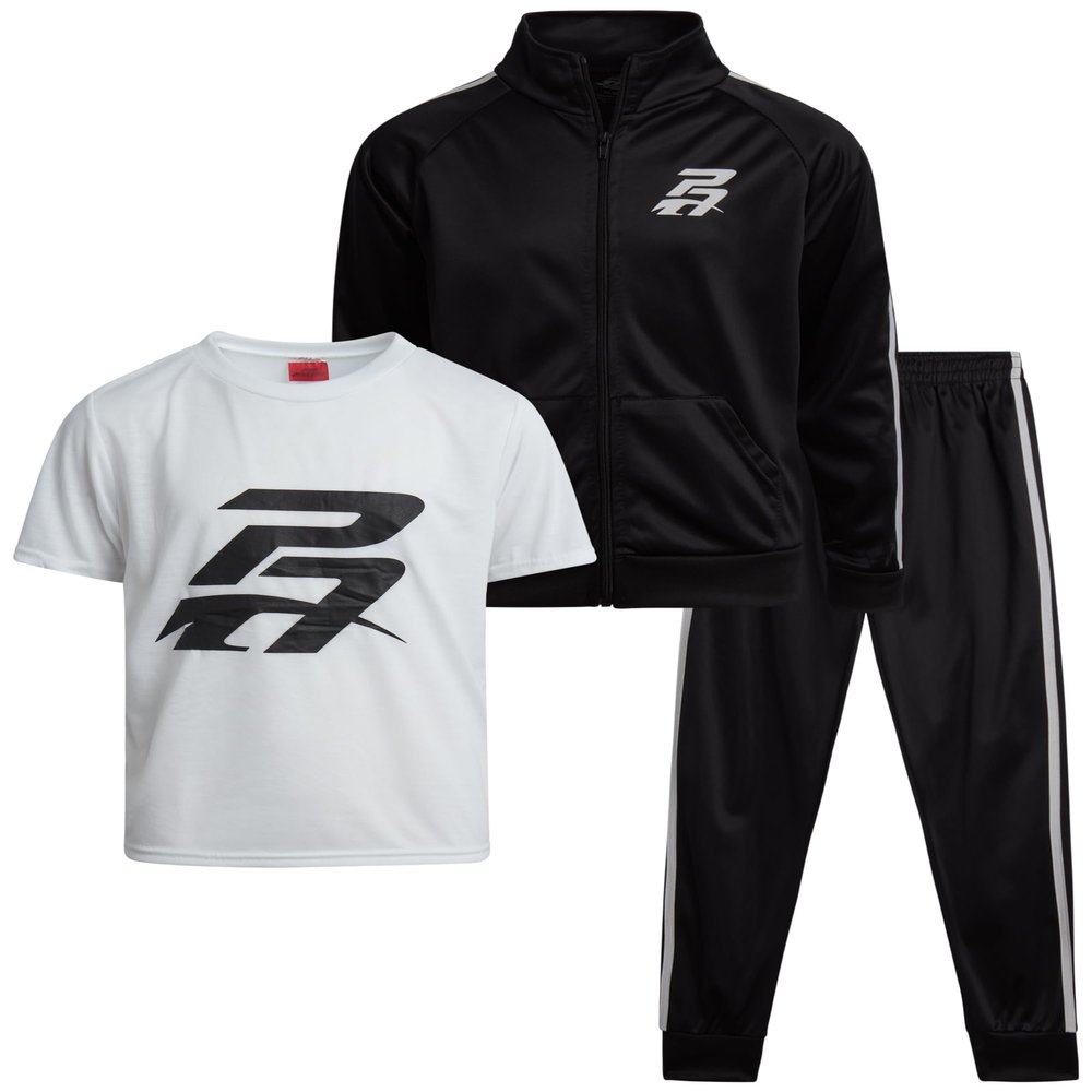 Pro Athlete Boys Tracksuit Set - 3 Piece Breathable Tricot Zip Up Sweatshirt Athletic Graphic Tees & Jogger Sweatpants, Size 10, Black/White