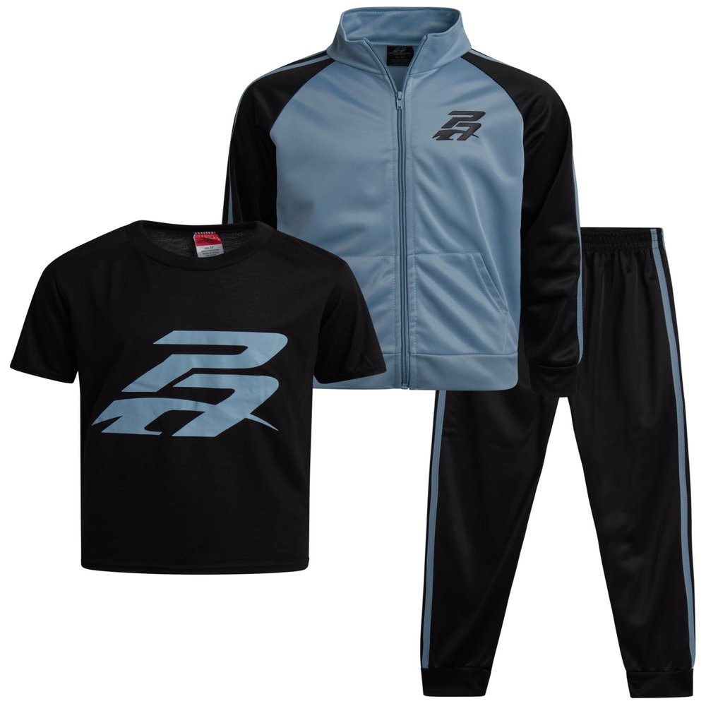 Pro Athlete Boys Tracksuit Set - 3 Piece Breathable Tricot Zip Up Sweatshirt Athletic Graphic Tees & Jogger Sweatpants, Size 8, Dusty Blue/Black