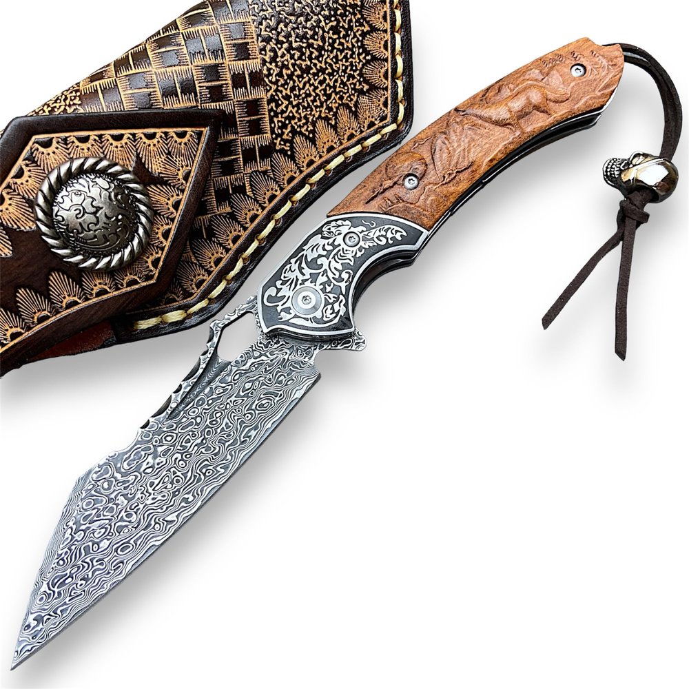 TACTICAL GEARZ Damascus Pocket Knife, Custom Carved Rosewood Handle, Includes Custom Leather Sheath (Timber XT)