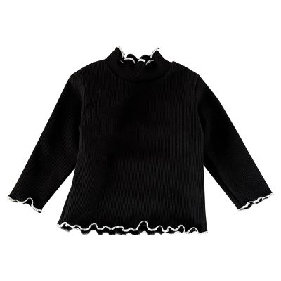 EnJoCho Toddler 2023 Tops Infant Girl Solid Colour Striped Ruffle Neckline Wooden Ear Hem Long Sleeve Inner Pullover Tops Black