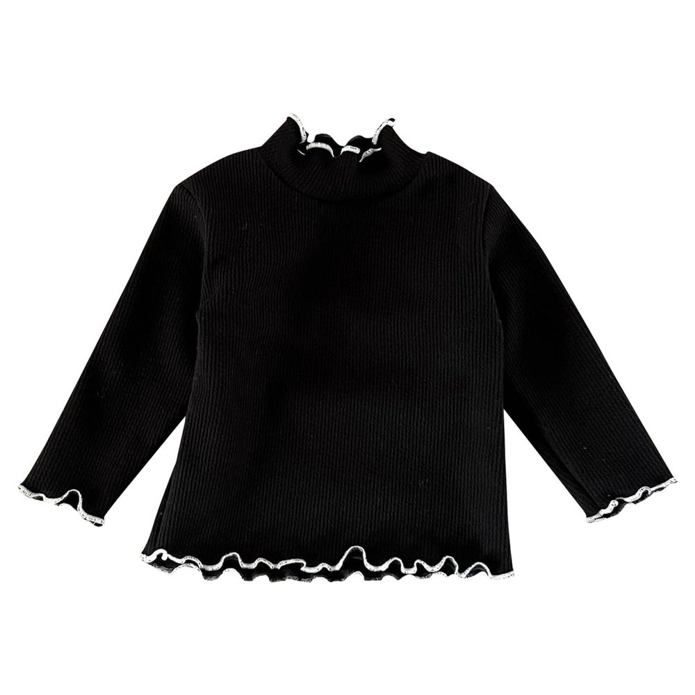 EnJoCho Toddler 2023 Tops Infant Girl Solid Colour Striped Ruffle Neckline Wooden Ear Hem Long Sleeve Inner Pullover Tops Black