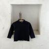EnJoCho Toddler 2023 Tops Infant Girl Solid Colour Striped Ruffle Neckline Wooden Ear Hem Long Sleeve Inner Pullover Tops Black view 4