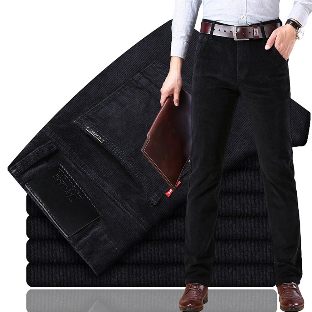 Men's Classic-Fit Corduroy Pant, Men Straight Fit Flat-Front Casual Loose Stretch Corduroy Pant (Black,29)
