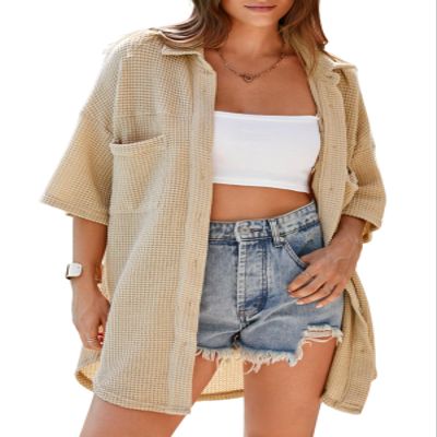 Dokotoo Womens T Shirts 2025 Summer Bell Sleeve Waffle Knit Shacket Jacket Loose Fit Boyfriends Plus Size Tops with Pocket Solid Color Outerwear Oversized Parchment Blouses Tops X-Large