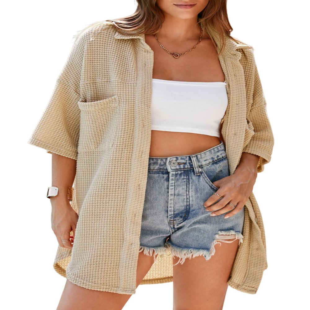 Dokotoo Womens T Shirts 2025 Summer Bell Sleeve Waffle Knit Shacket Jacket Loose Fit Boyfriends Plus Size Tops with Pocket Solid Color Outerwear Oversized Parchment Blouses Tops X-Large