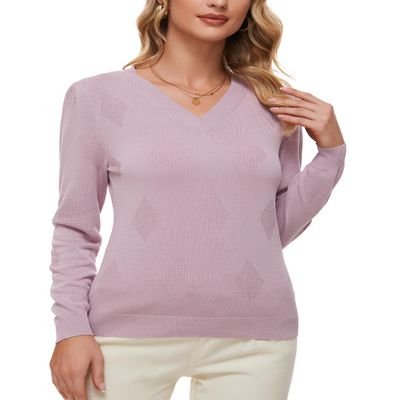 BERESIA Women's Spring Tops 2025 Fashion V Neck Long Sleeve Knit Tops Casual Pullover Sweater, Purple, XL