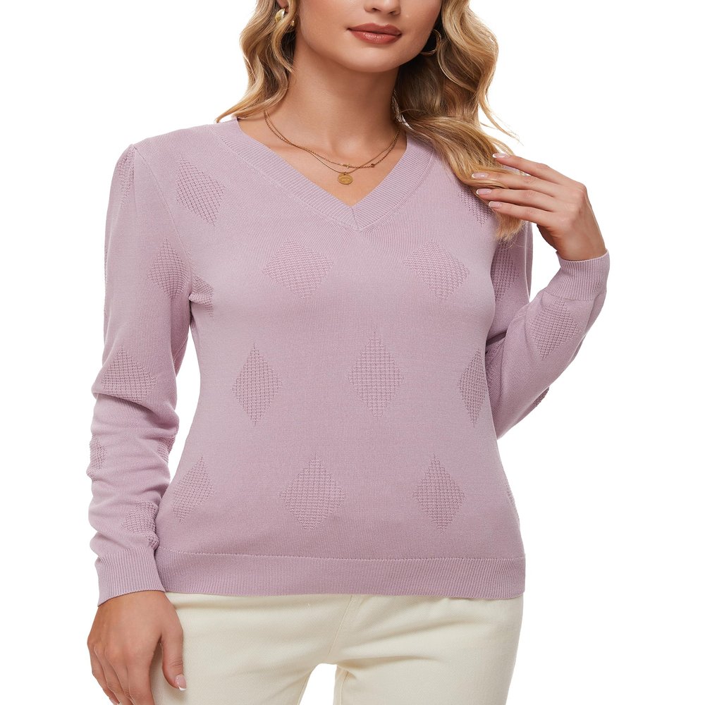 BERESIA Women's Spring Tops 2025 Fashion V Neck Long Sleeve Knit Tops Casual Pullover Sweater, Purple, XL
